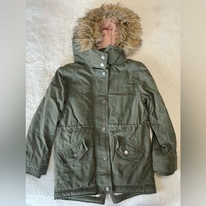 Abercrombie Kids Parka Jacket Girls 7/8 Green Full Zip Pink Faux Fur Lined